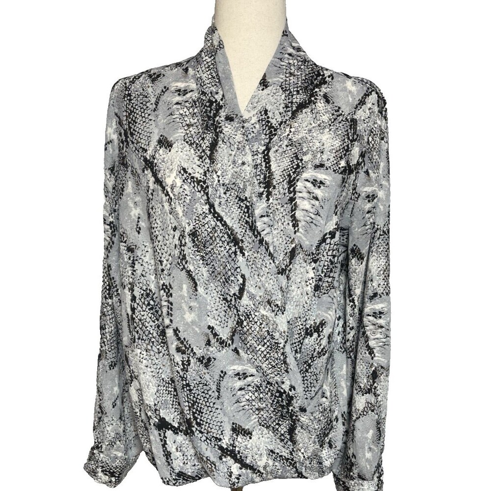 Pleione snake design long sleeve womens blouse L wrap drapped waist glam party